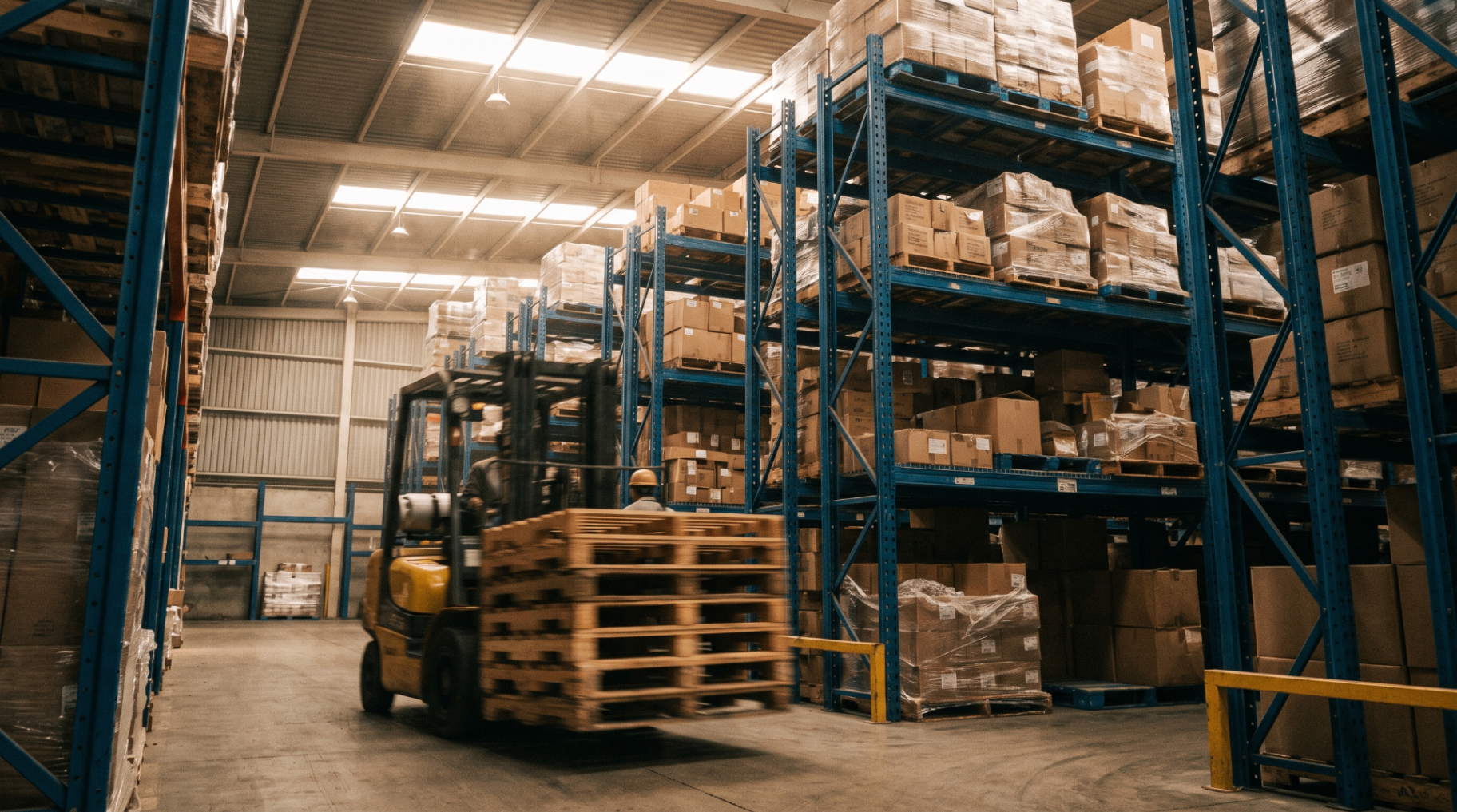 Montacargas en almacén organizado con mercancía en racks